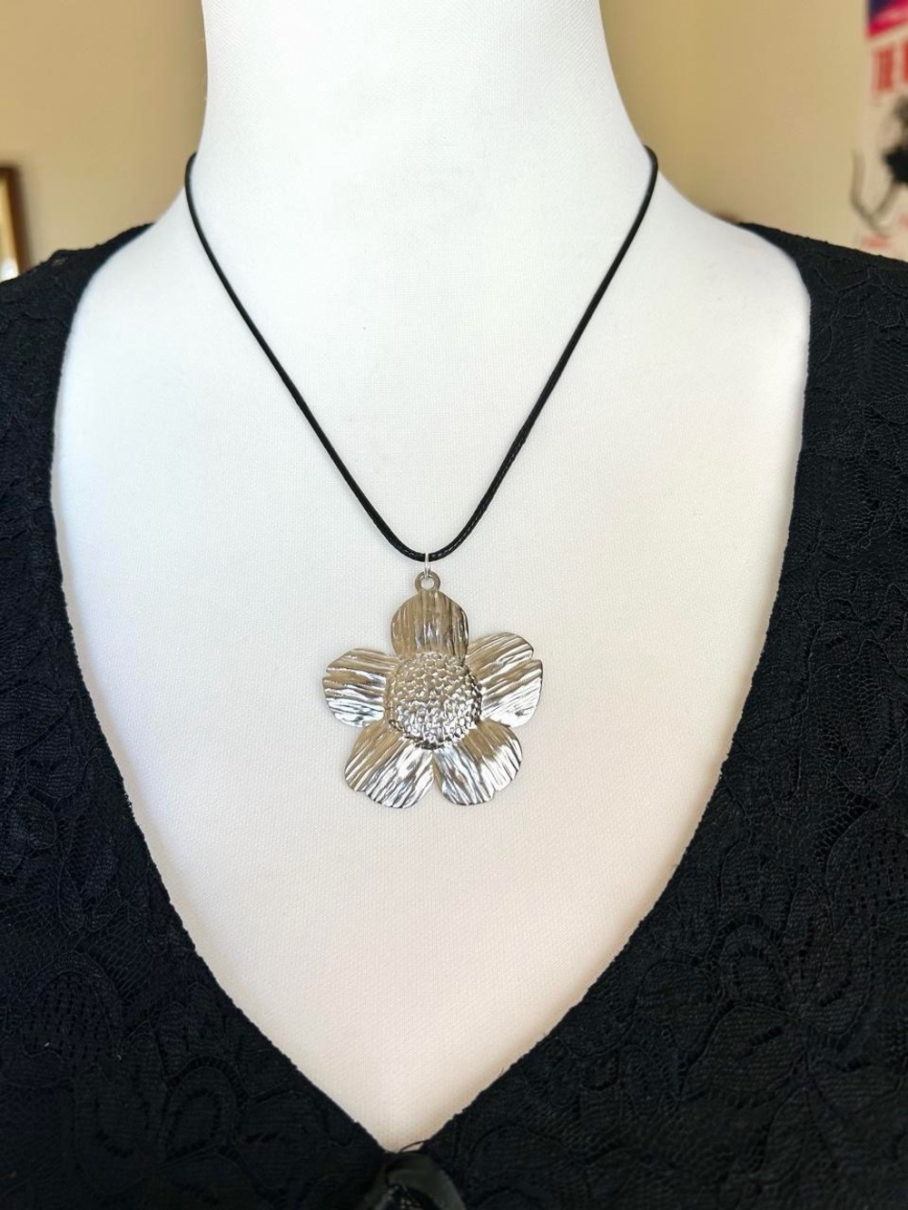 Silver Flower Pendant Necklace with Black Cord